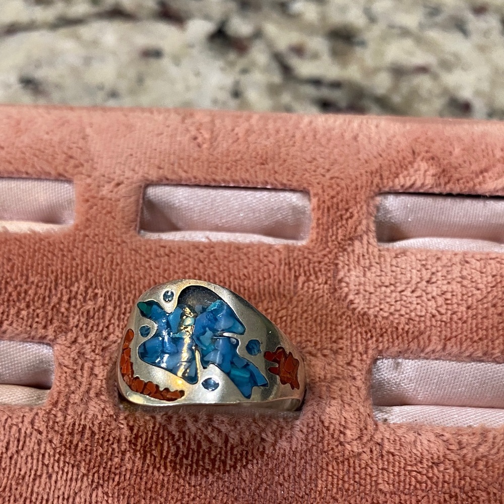 Sterling Silver Ring with Turquoise and Coral Inlay